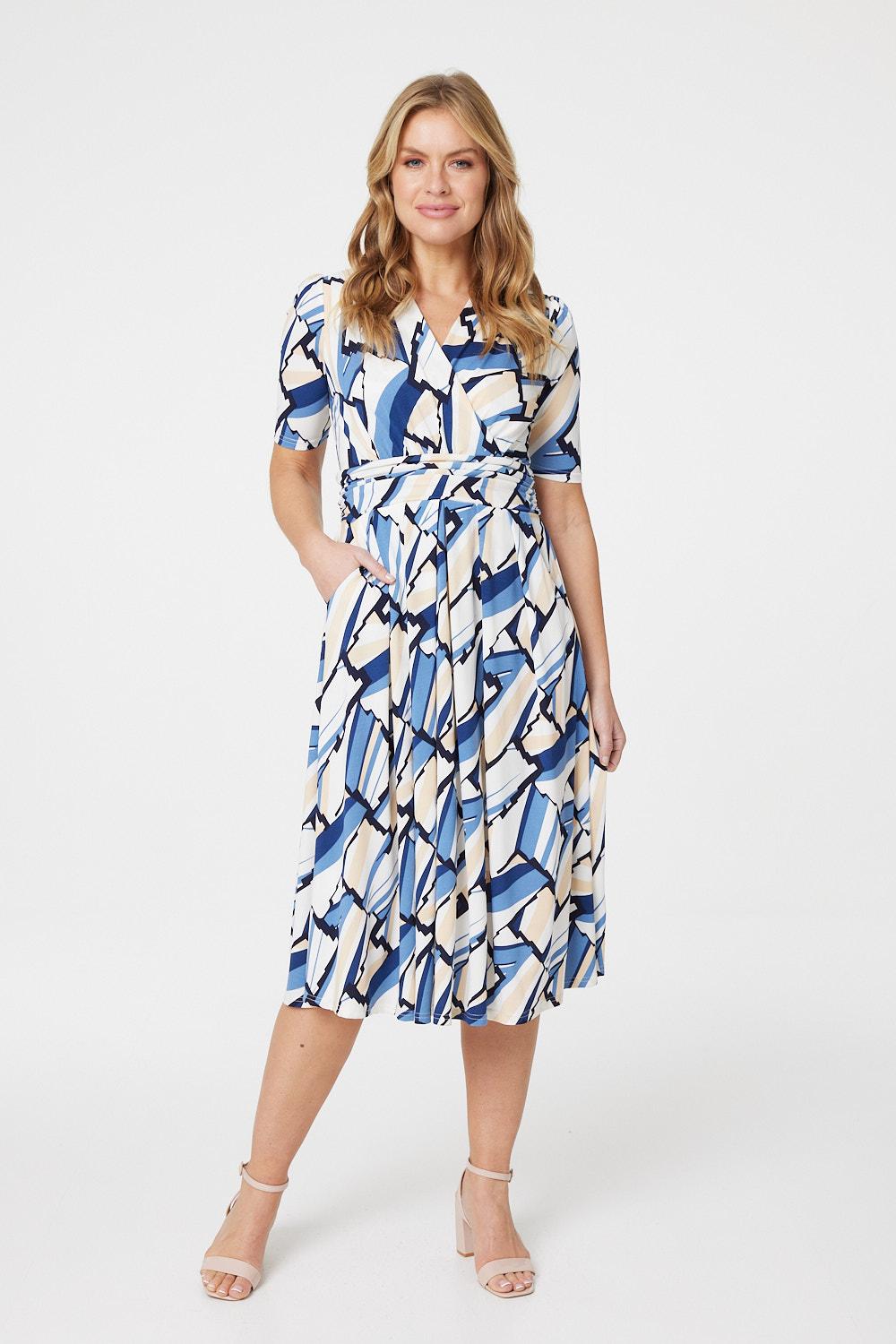 Blue | Geo Print Wrap Front Midi Dress