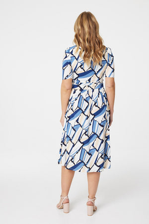 Blue | Geo Print Wrap Front Midi Dress