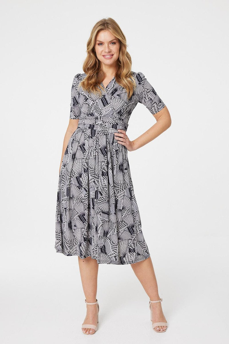 Black And White | Geo Print Wrap Front Midi Dress