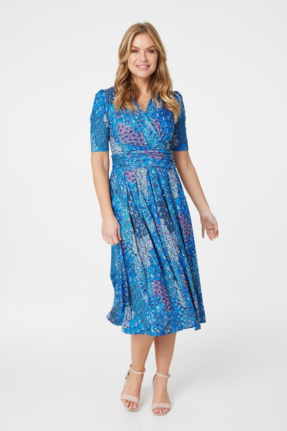 Blue | Peacock Print Wrap Front Dress : Model is 5'10"/178 cm and wears UK8/EU36/US4/AUS8