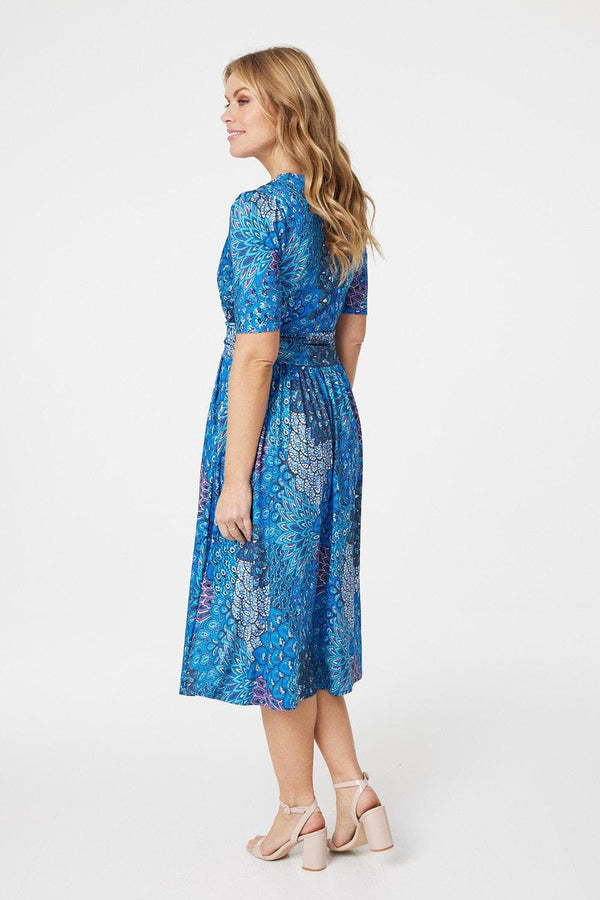 Blue | Peacock Print Wrap Front Dress