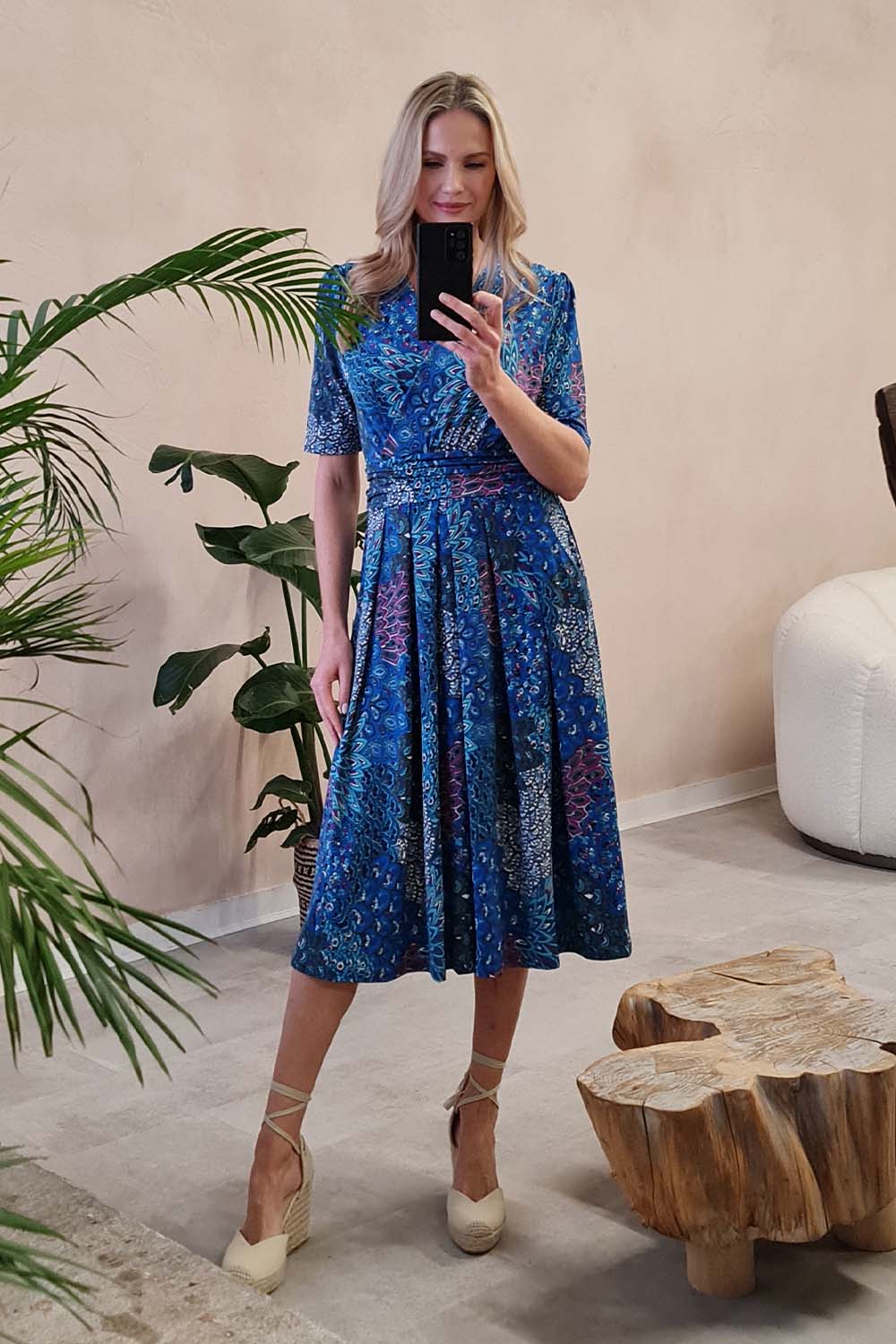 Blue | Peacock Print Wrap Front Dress : Model is 5'10"/178 cm and wears UK10/EU38/US6/AUS10
