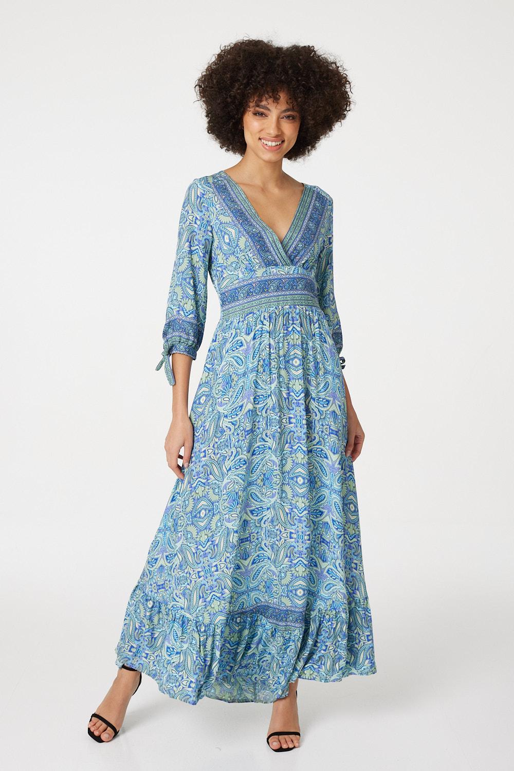 Blue | Paisley Tie Sleeve Maxi Dress