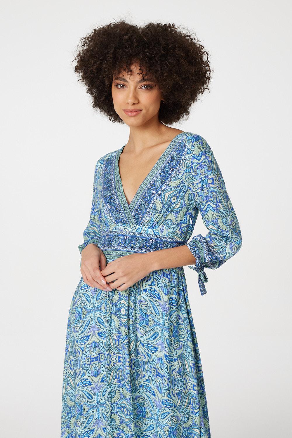 Blue | Paisley Tie Sleeve Maxi Dress