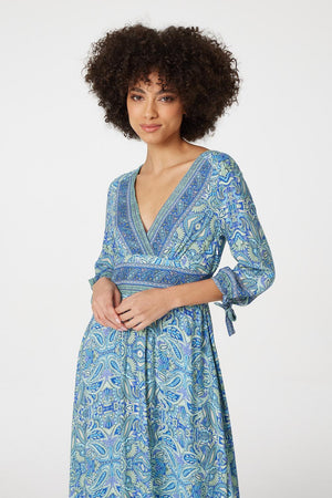 Blue | Paisley Tie Sleeve Maxi Dress