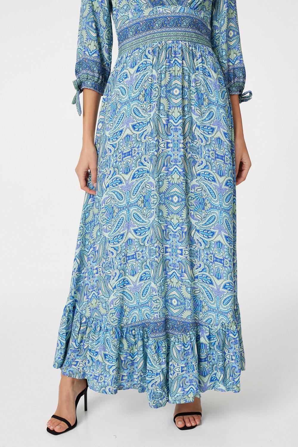 Blue | Paisley Tie Sleeve Maxi Dress
