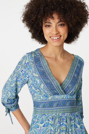 Blue | Paisley Tie Sleeve Maxi Dress