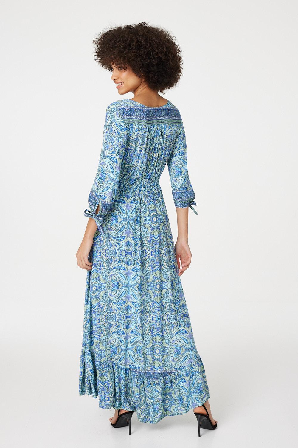 Blue | Paisley Tie Sleeve Maxi Dress