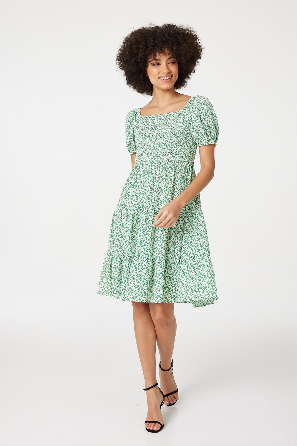Green | Ditsy Puff Sleeve Smocked Dress