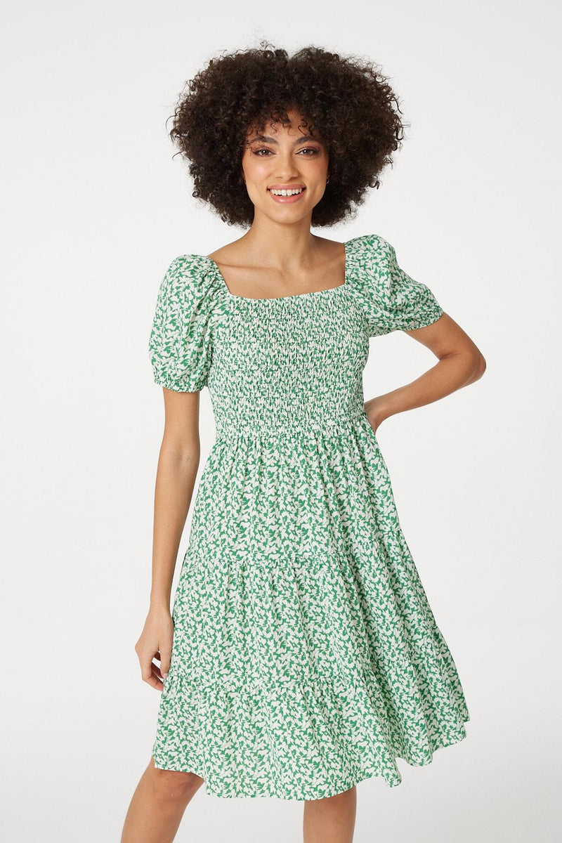 Green | Ditsy Puff Sleeve Smocked Dress