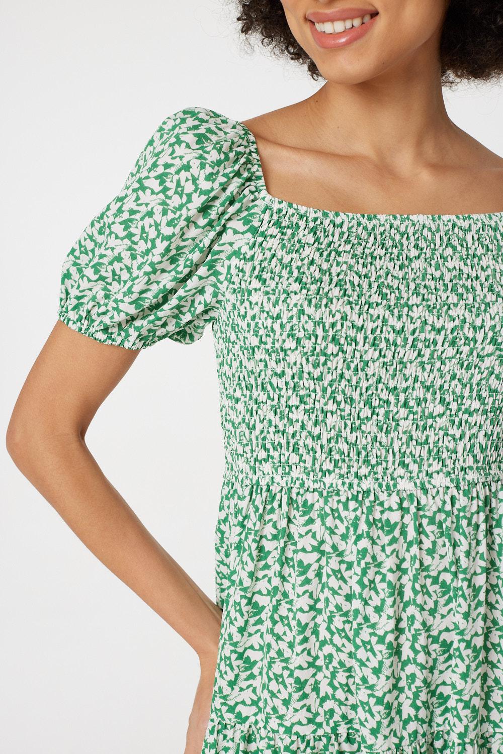 Green | Ditsy Puff Sleeve Smocked Dress