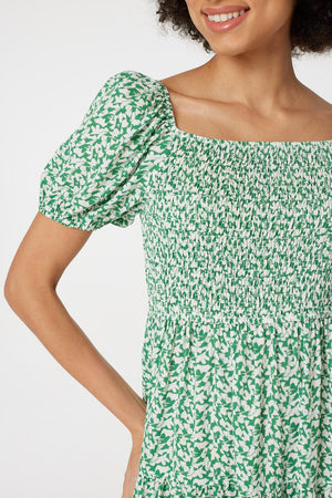 Green | Ditsy Puff Sleeve Smocked Dress