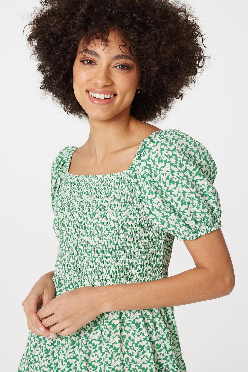 Green | Ditsy Puff Sleeve Smocked Dress