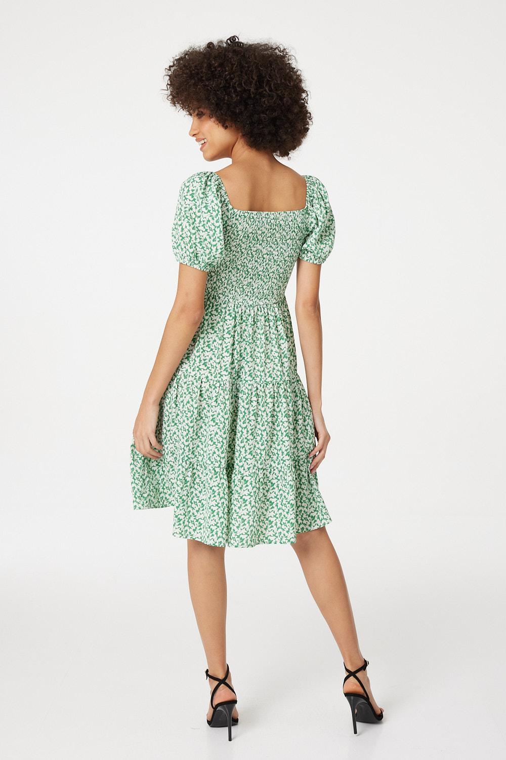 Green | Ditsy Puff Sleeve Smocked Dress