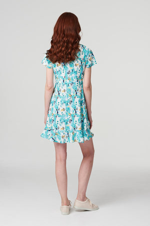 Green | Floral Ruffle Front Mini Dress