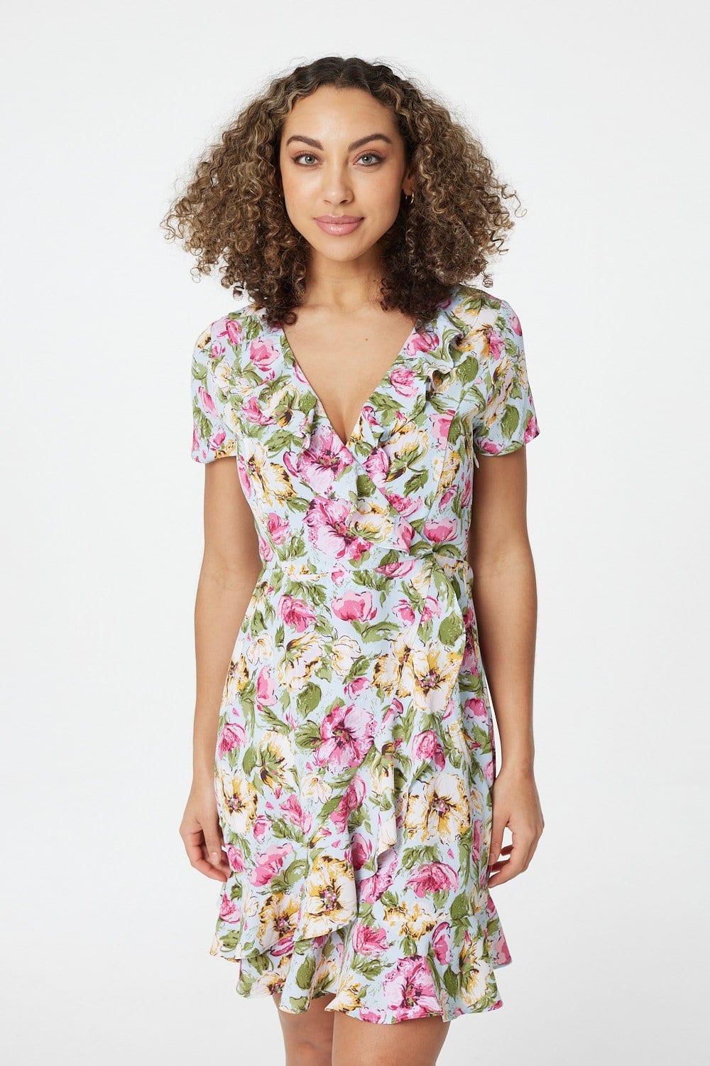 Blue | Floral Ruffle Front Wrap Dress