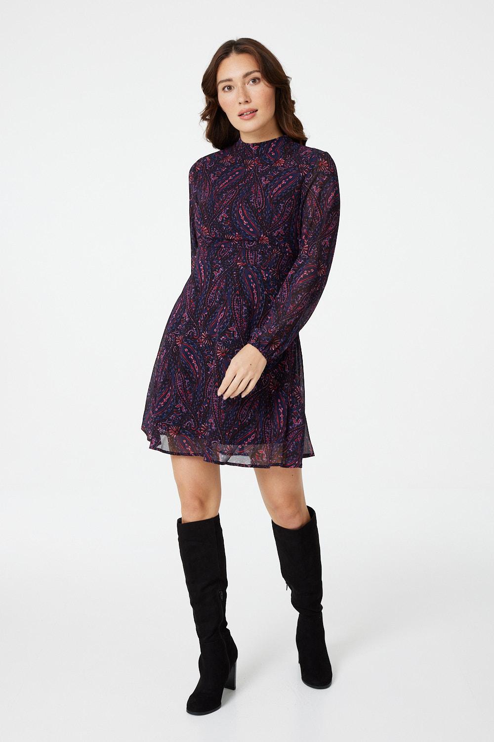 Burgundy | Paisley Long Sleeve Skater Dress