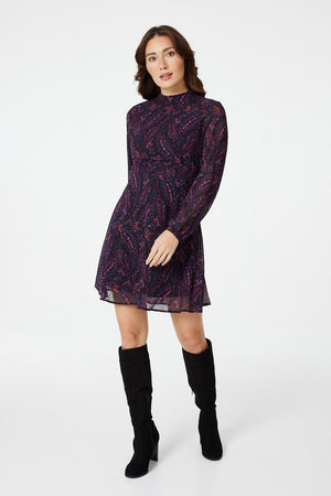 Burgundy | Paisley Long Sleeve Skater Dress