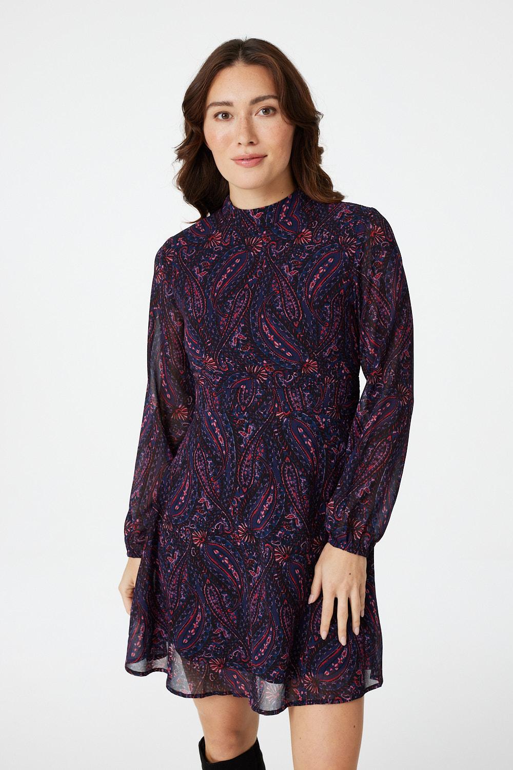 Burgundy | Paisley Long Sleeve Skater Dress