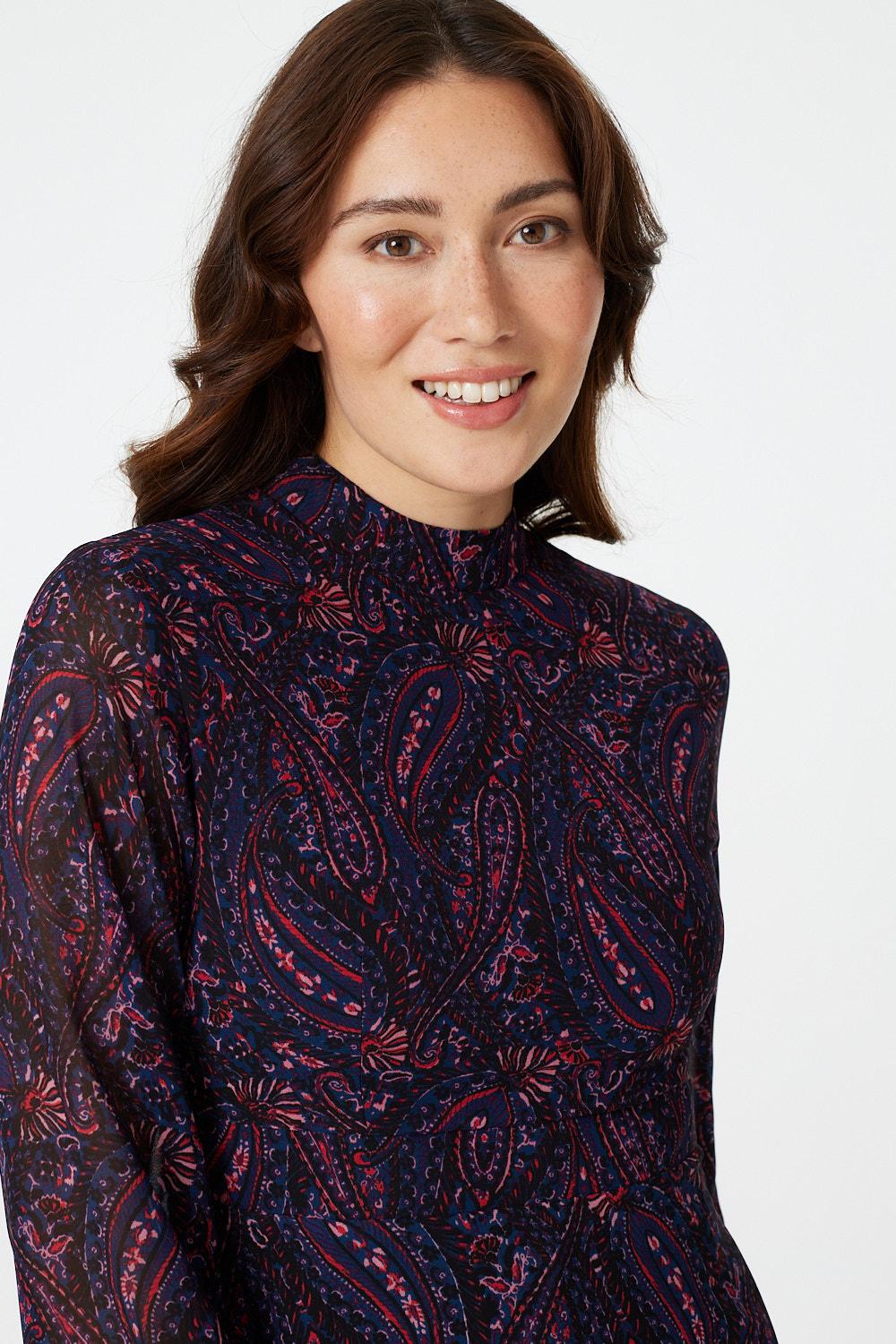 Burgundy | Paisley Long Sleeve Skater Dress