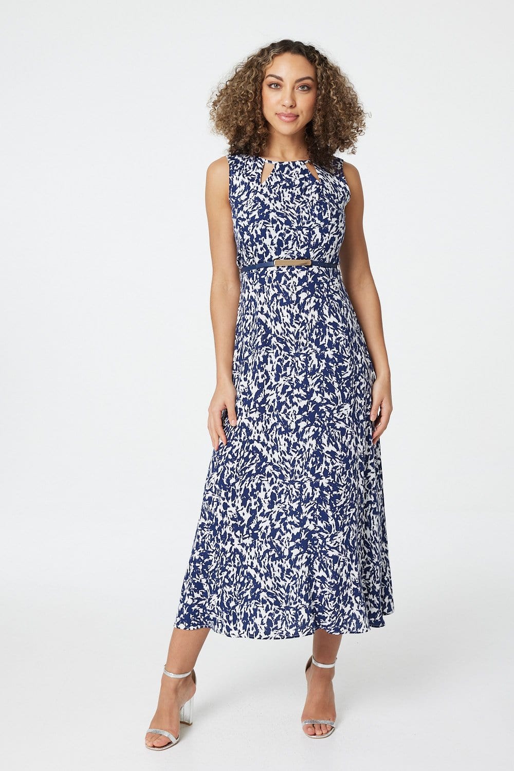 Navy | Printed Cut Out Detail Midi Dress