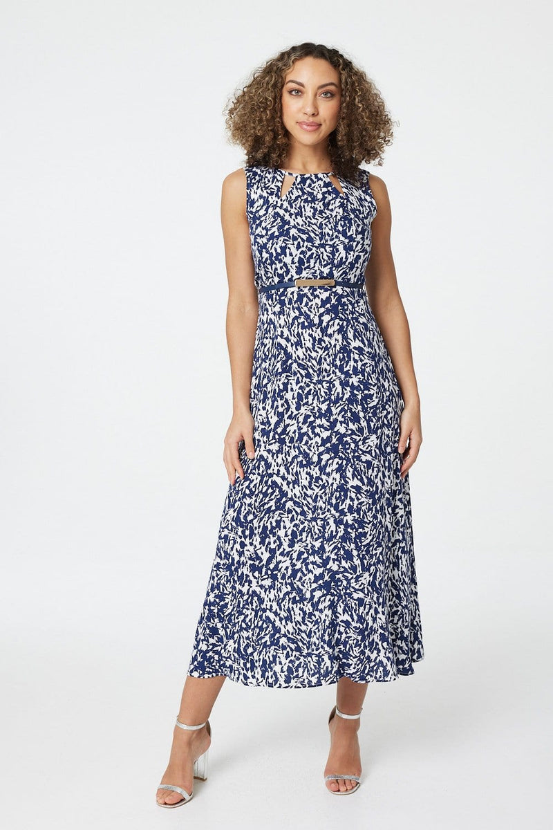 Navy | Printed Cut Out Detail Midi Dress