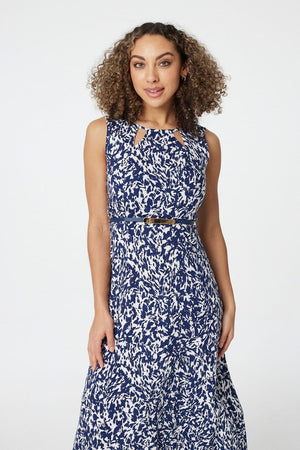 Navy | Printed Cut Out Detail Midi Dress