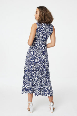 Navy | Printed Cut Out Detail Midi Dress