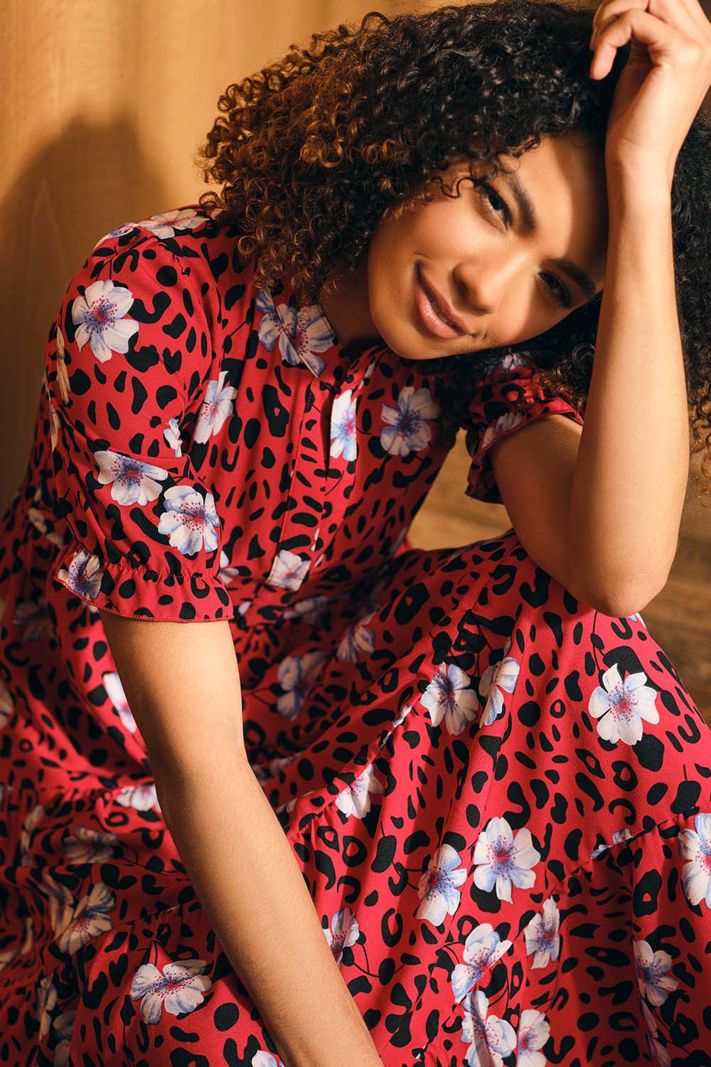 Red | Floral Leopard Print Midi Dress