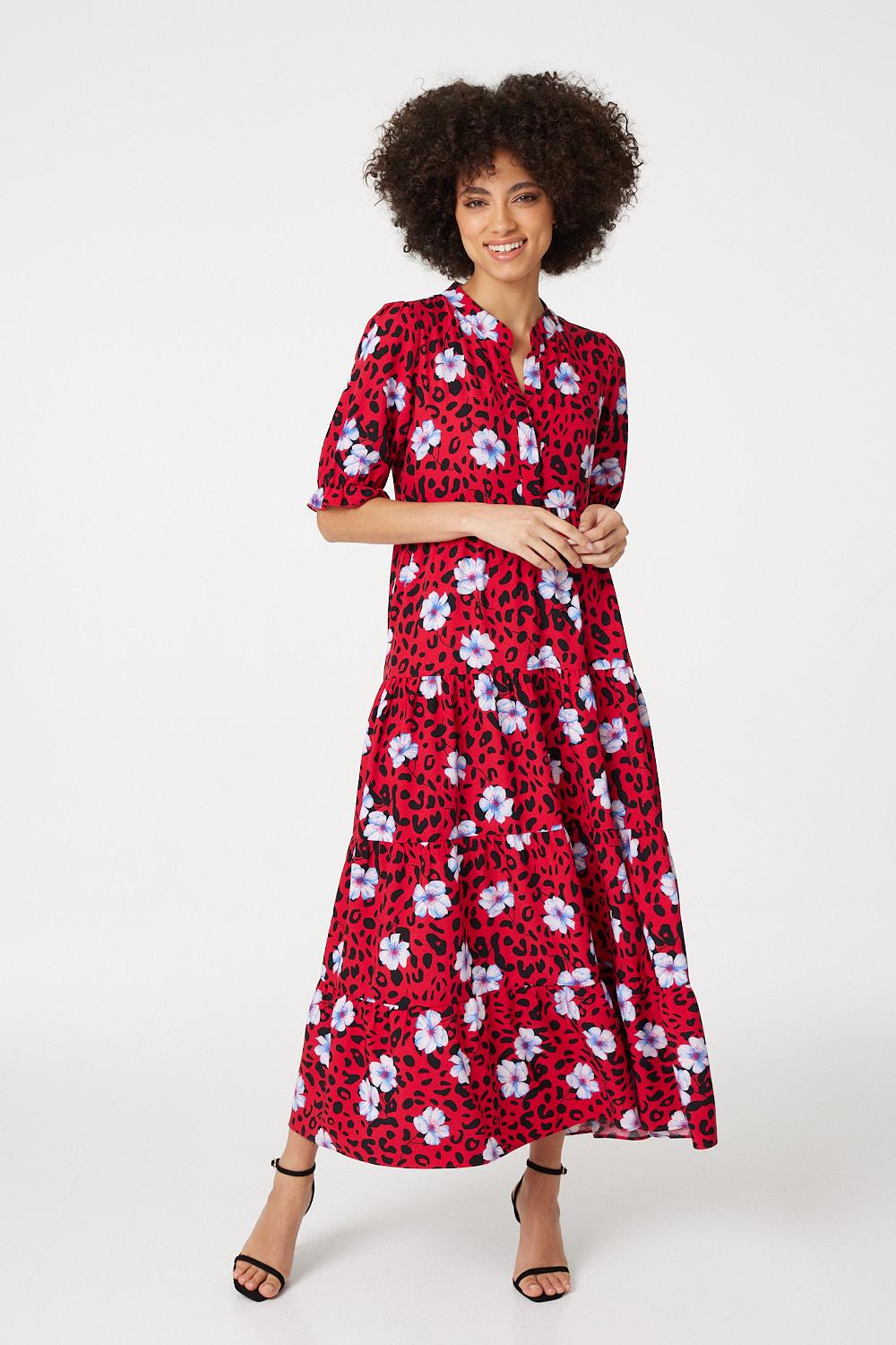 Red | Floral Leopard Print Midi Dress