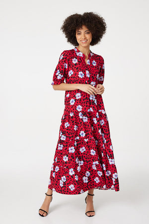 Red | Floral Leopard Print Midi Dress