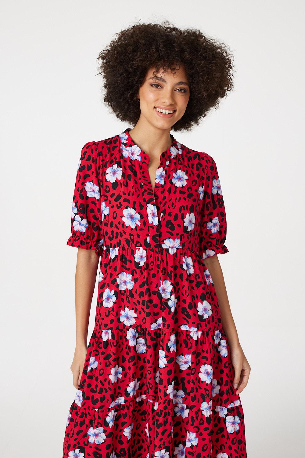 Red | Floral Leopard Print Midi Dress