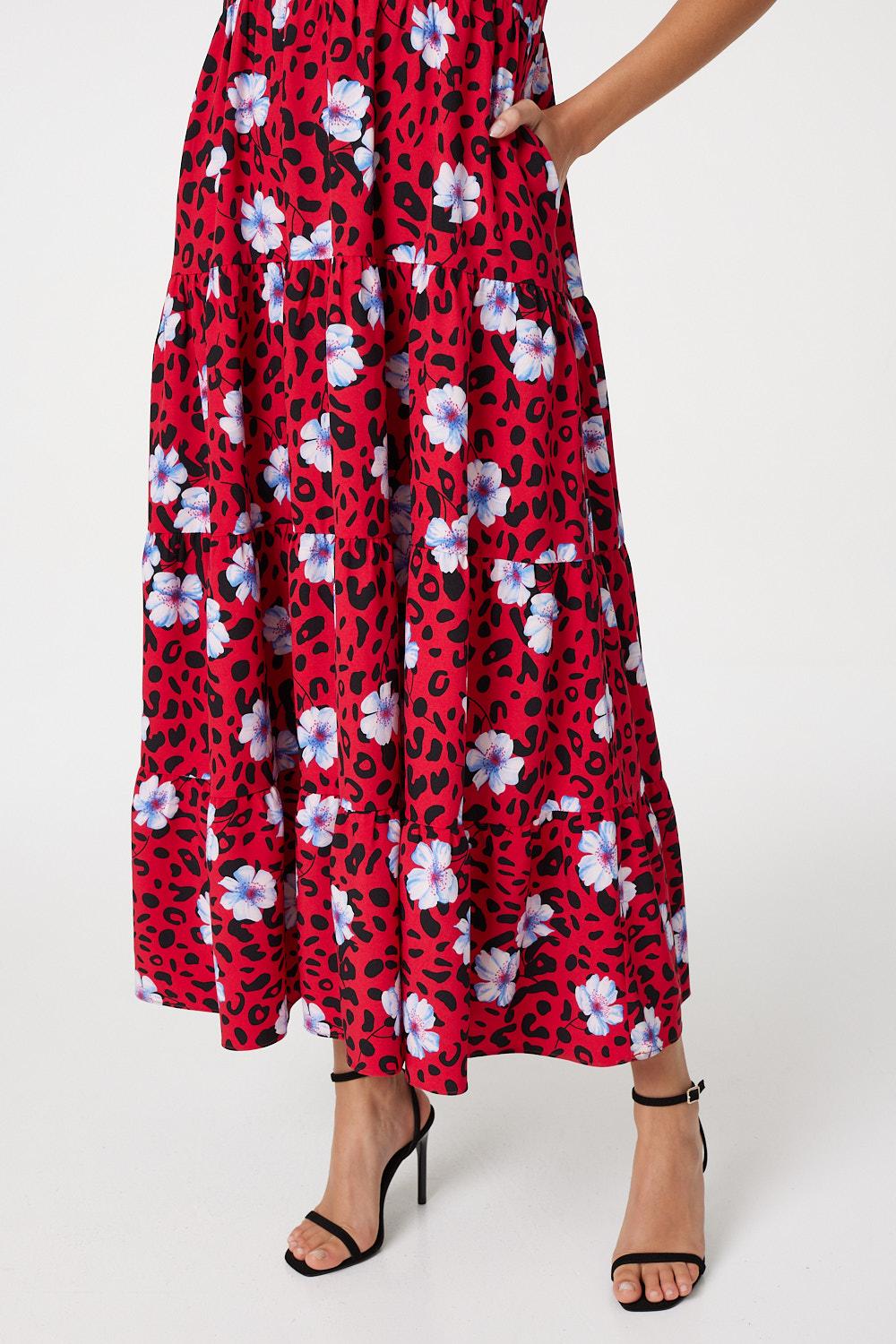 Red | Floral Leopard Print Midi Dress