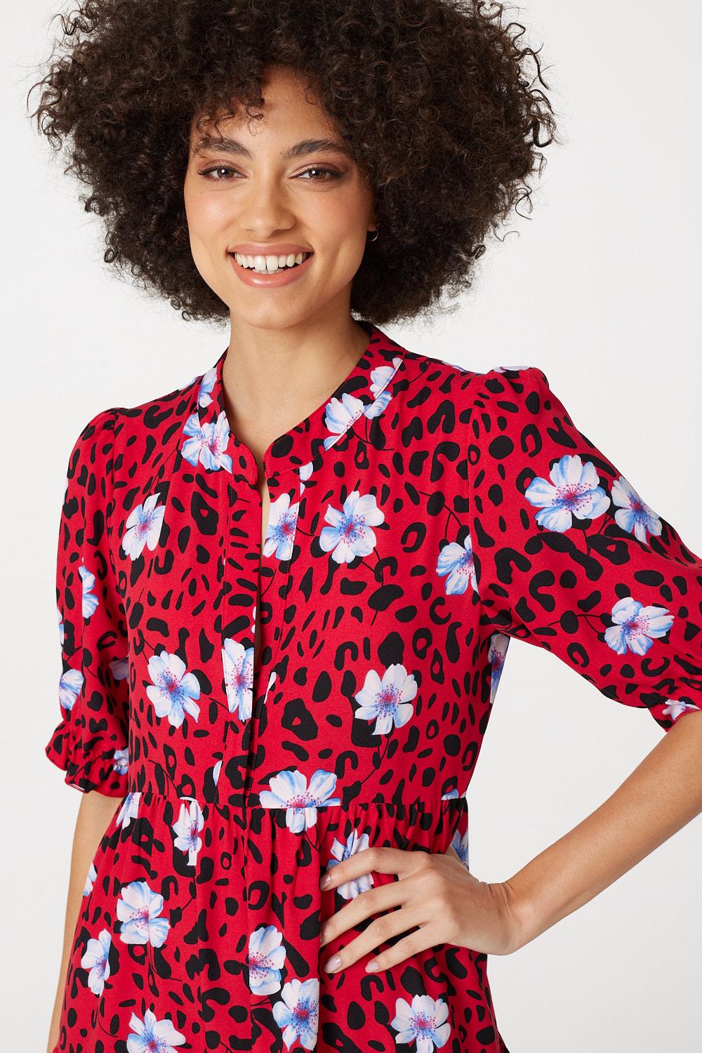 Red | Floral Leopard Print Midi Dress
