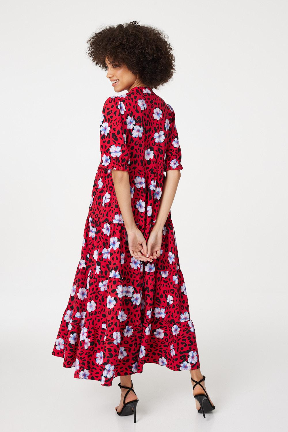Red | Floral Leopard Print Midi Dress