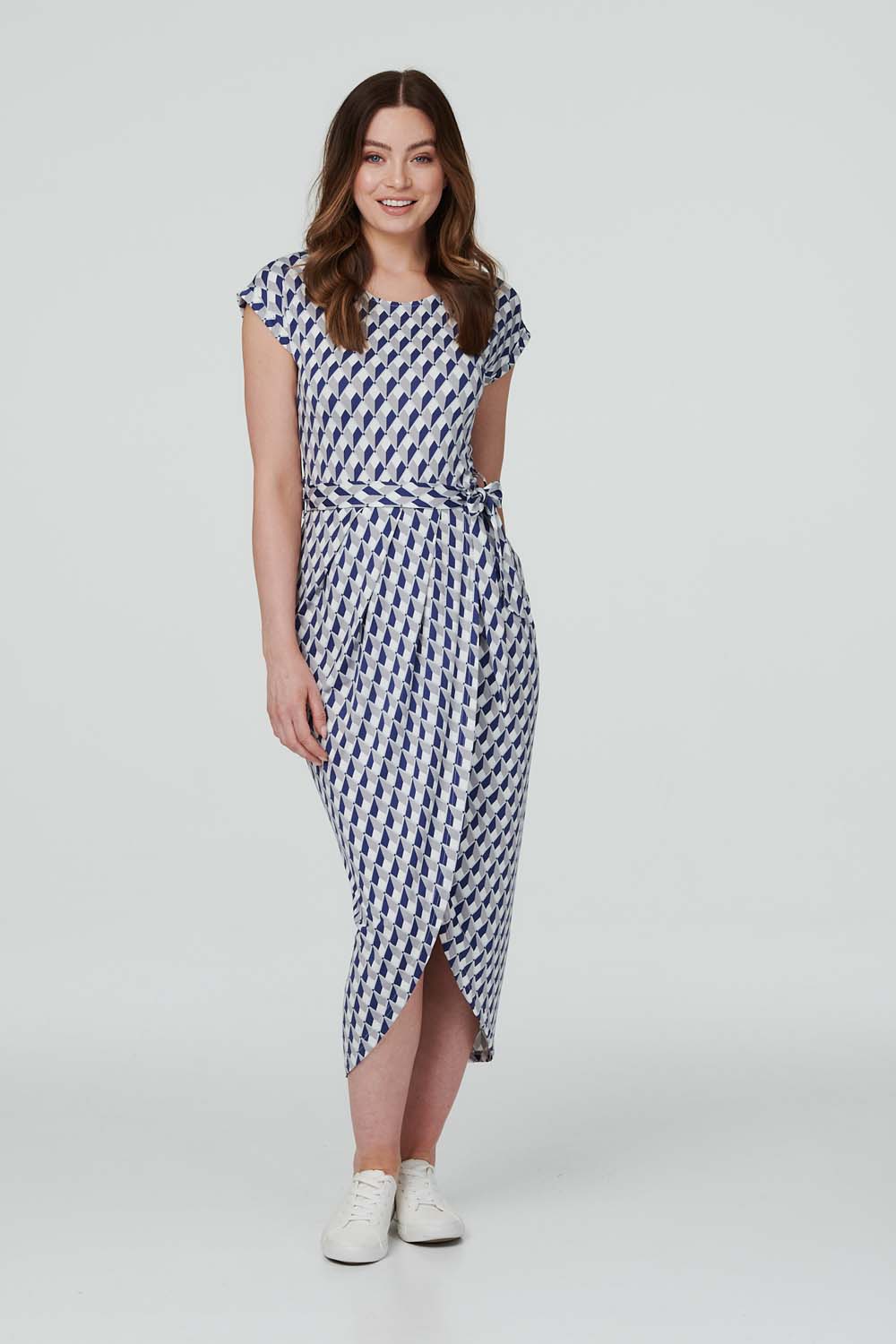 Navy | Geo Print Tie Waist Tulip Dress