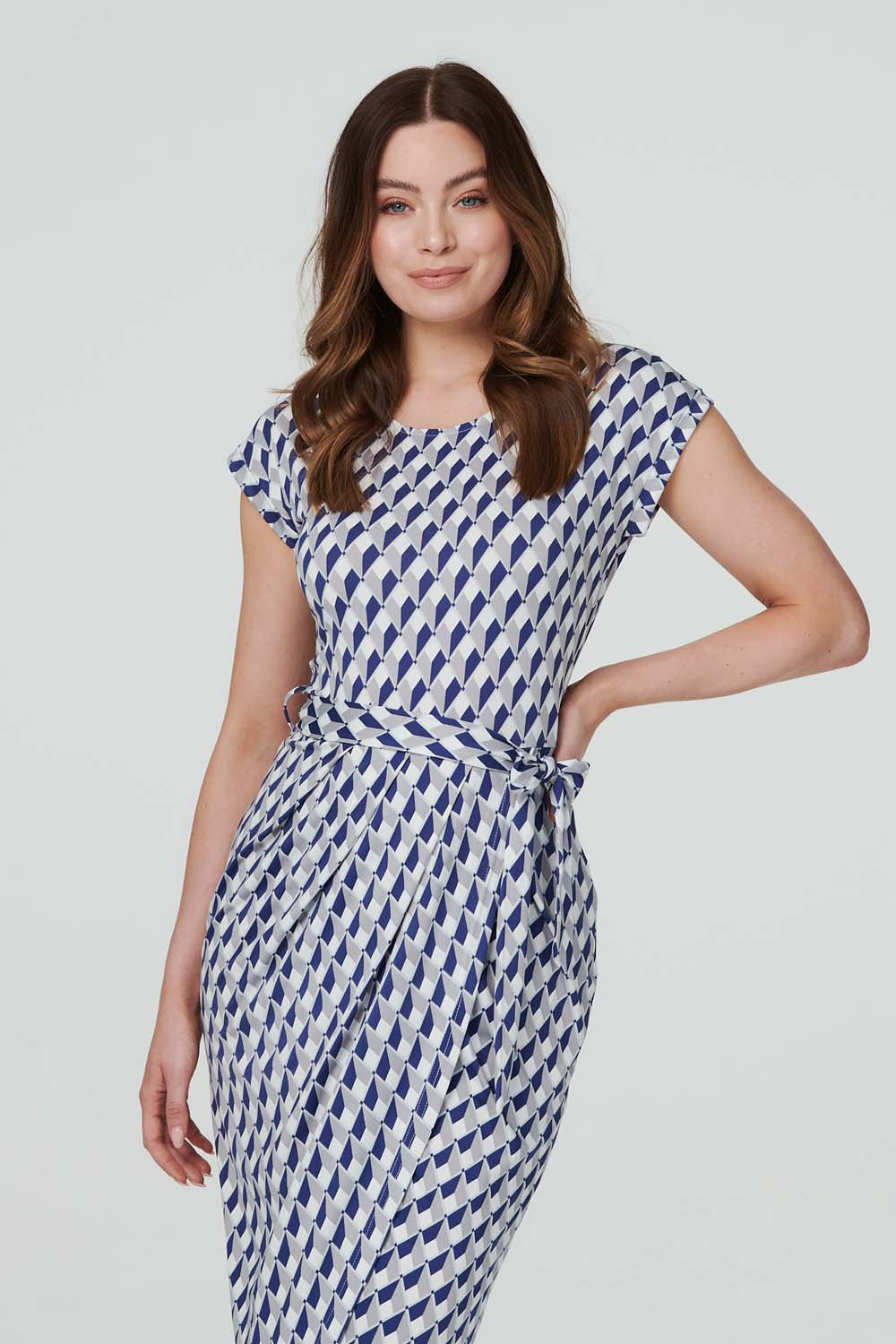 Navy | Geo Print Tie Waist Tulip Dress