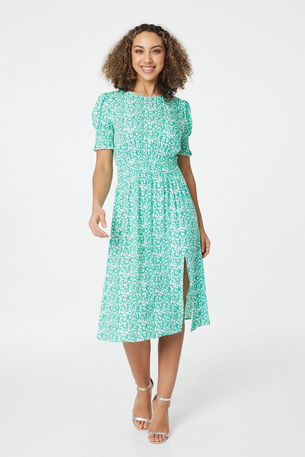 Green | Printed Shirred Midi Tea Dress