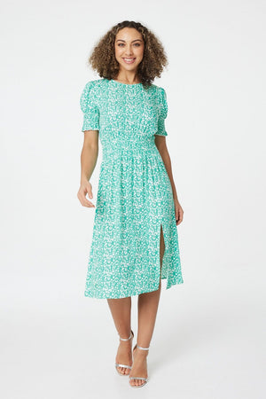 Green | Printed Shirred Midi Tea Dress