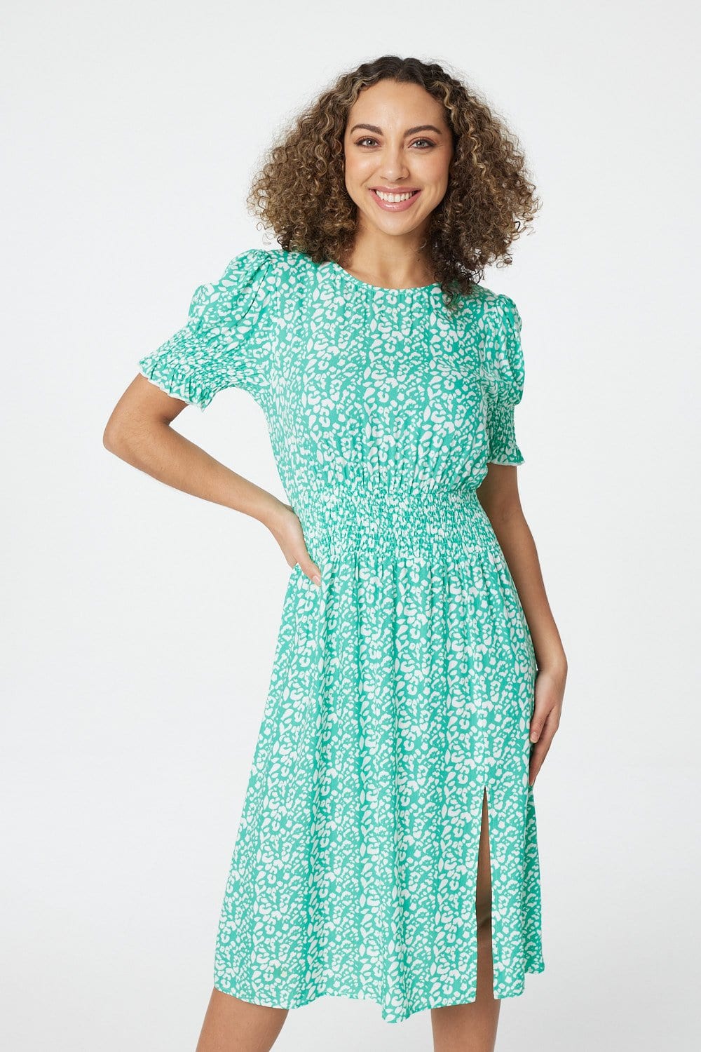 Green | Printed Shirred Midi Tea Dress
