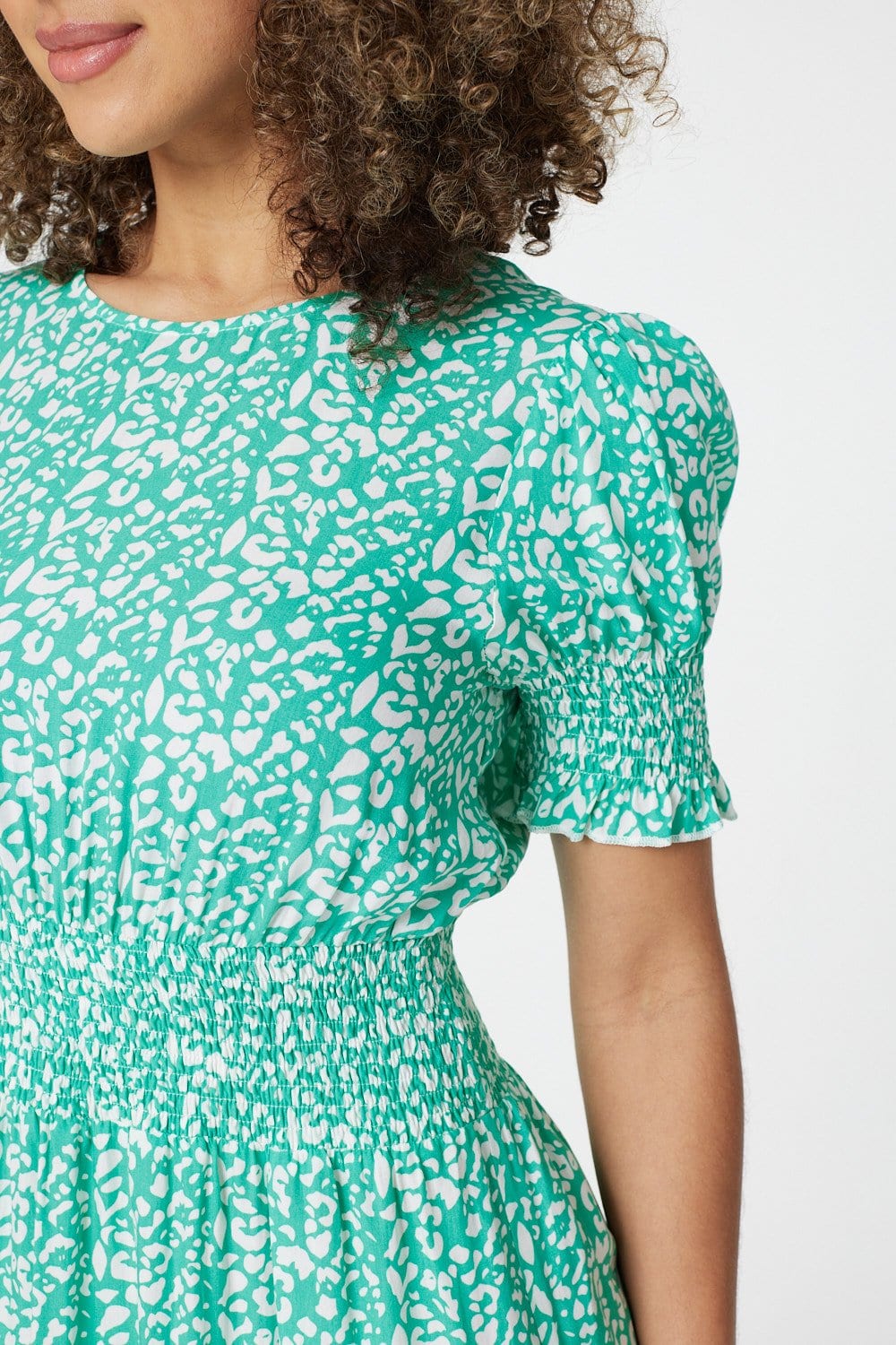 Green | Printed Shirred Midi Tea Dress