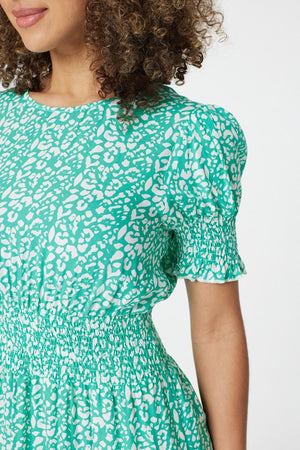 Green | Printed Shirred Midi Tea Dress