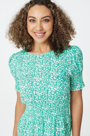 Green | Printed Shirred Midi Tea Dress