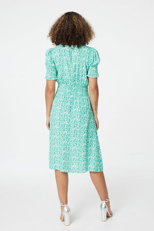 Green | Printed Shirred Midi Tea Dress