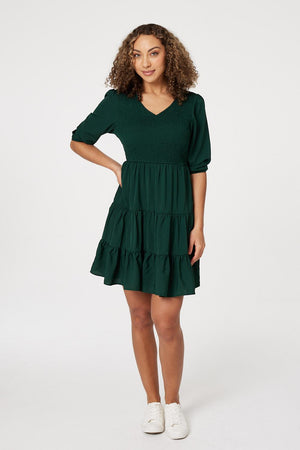 Dark Green | 1/2 Sleeve Smocked Mini Dress