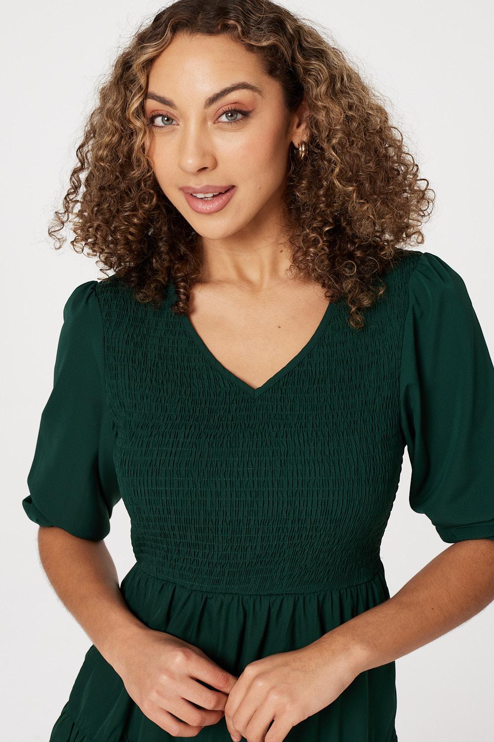 Dark Green | 1/2 Sleeve Smocked Mini Dress