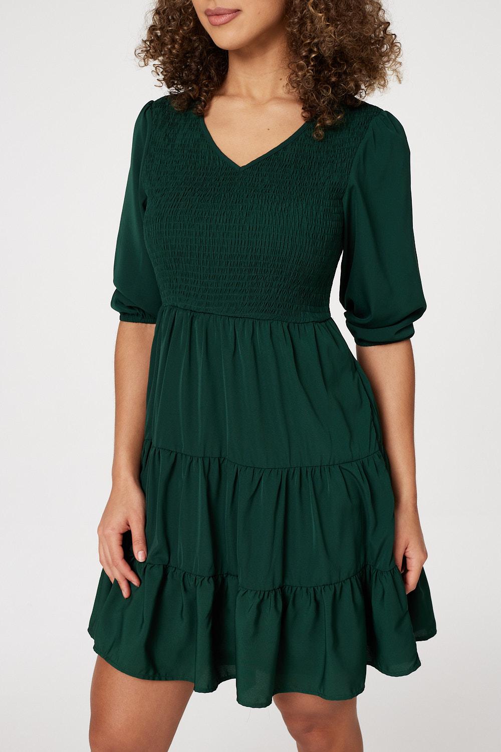 Dark Green | 1/2 Sleeve Smocked Mini Dress
