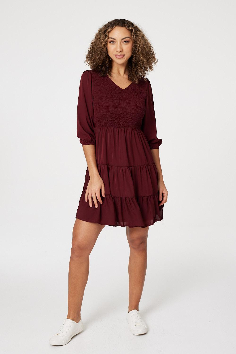 Red | 1/2 Sleeve Smocked Mini Dress