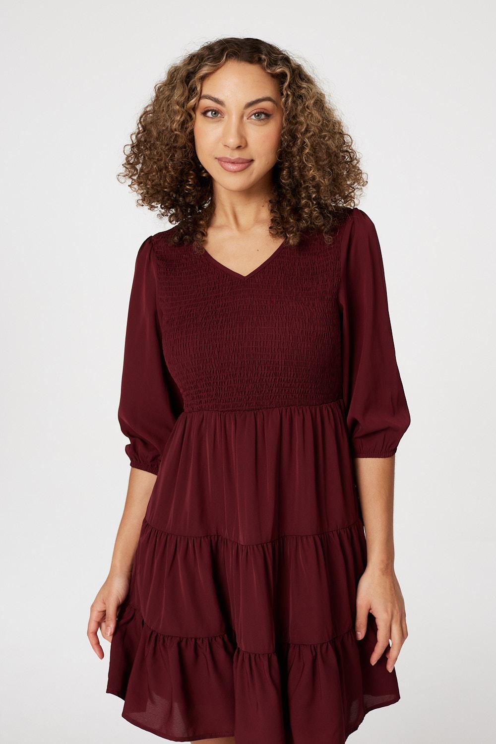 Red | 1/2 Sleeve Smocked Mini Dress