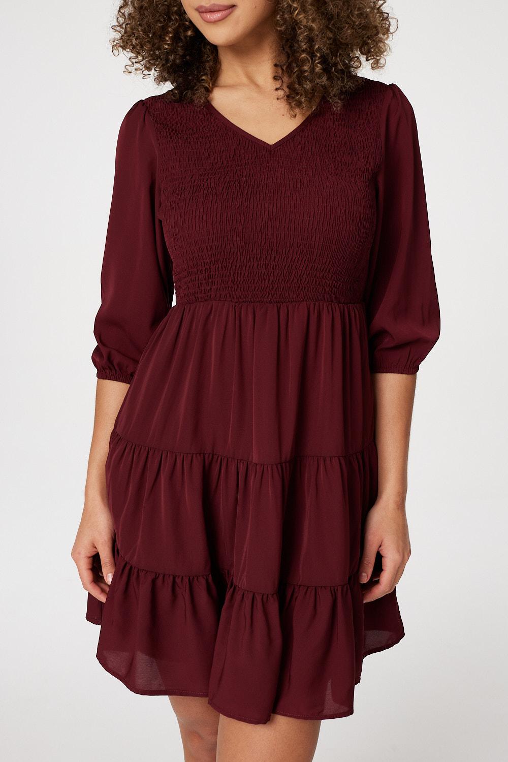 Red | 1/2 Sleeve Smocked Mini Dress